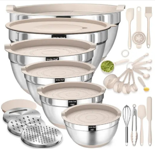 Mixing Bowls with Airtight Lids Set, 26PCS Stainless Steel Khaki Bowls